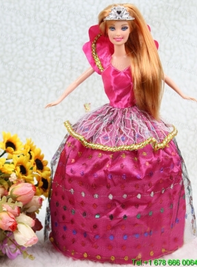 Elegant Hot Pink Taffeta Ball Gown Party Clothes Embroidery Dress For Nobel Barbie