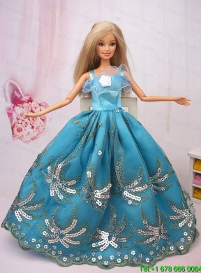 Exclusive Ball Gown Teal Beading Hand Made Flower Barbie Doll Dress