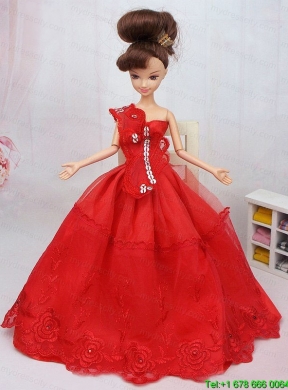 Hand Made Flower and Beading Red Organza Barbie Doll Dress