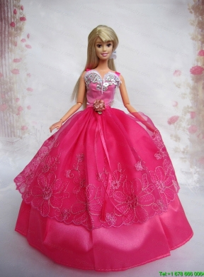 Lovely Hot Pink Ball Gown Taffeta and Organza Barbie Doll Dress