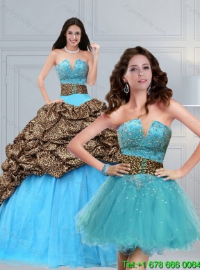 2015 Detachable Leopard Printed Baby Blue Brush Train Beading Quinceanera Skirts
