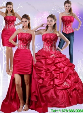 2015 Elegant Strapless Red Quinceanera Dress with Appliques and Pick Ups