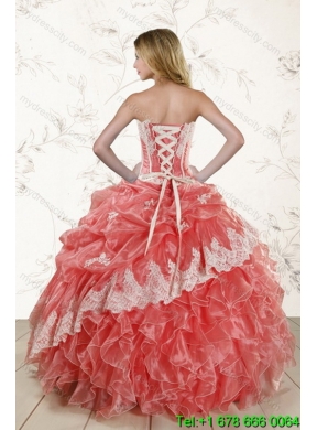 2015 Elegant Watermelon Strapless Quince Dresses with Appliques and Ruffles