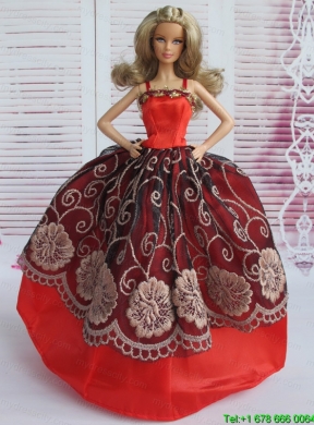 Beautiful Embroidery Ball Gown Red and Black Barbie Doll Dress