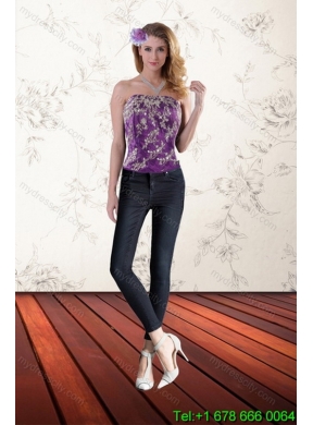 Elegant Purple Strapless Quince Dresses with Appliques and Ruffles for 2015