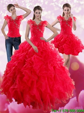 Elegant Red Sweetheart Quince Dresses with Ruffles and Beading for 2015
