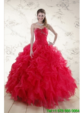 Elegant Red Sweetheart Quince Dresses with Ruffles and Beading for 2015