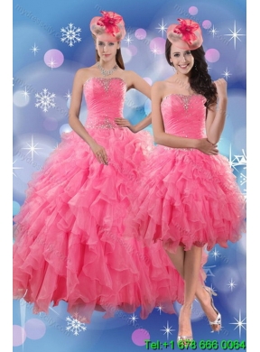 Elegant Rose Pink Quince Dresses with Ruffles and Beading for 2015