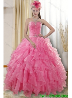 Elegant Rose Pink Quince Dresses with Ruffles and Beading for 2015