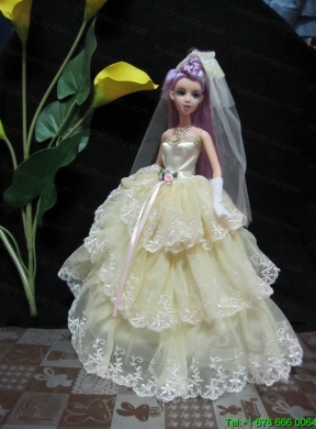 Embroidery Decorate Ball Gown Light Yellow  Barbie Doll Dress