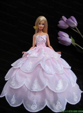 Embroidery Pink Ruffled Layers Ball Gown Barbie Doll Dress