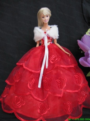 Embroidery Red Organza Ball Gown Gown For Barbei Doll