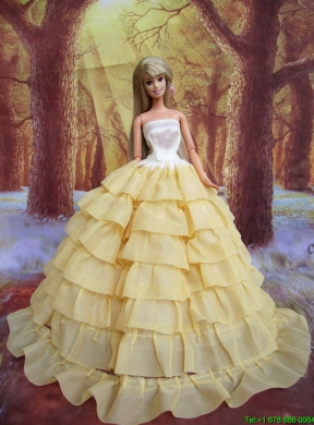 Ruffled Layers Decorate Ball Gown Light Yellow  Barbie Doll Dress