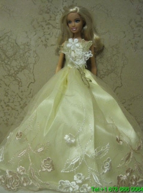 Yellow Green Handmade Dress With Embroidery Gown for Barbie Doll