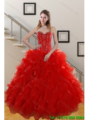 2015 Elegant Red Sweetheart Quince Dresses with Beading and Ruffles