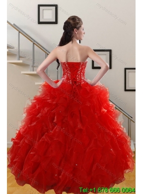 2015 Elegant Red Sweetheart Quince Dresses with Beading and Ruffles