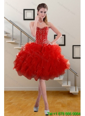2015 Elegant Red Sweetheart Quince Dresses with Beading and Ruffles