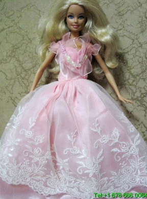 Amazing Pink Handmade Party Colothes Dress With Embroidery For Barbie Doll