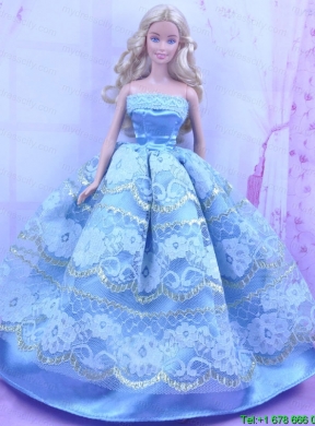 Blue Handmade Gown With Appliques and Sequins Made to Fit the Barbie Doll