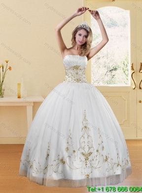 Elegant Embroidery White and Gold Quinceanera Dress for 2015