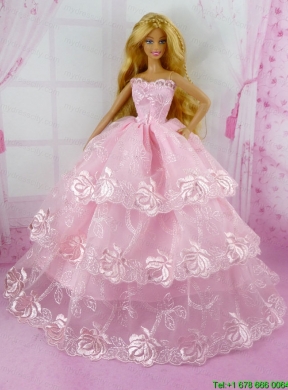 Pretty Pink Princess With Embroidery and Ruffled Layers Gown For Barbie Doll