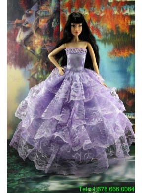 Gorgeous Lilac Gown With Ruffled Layers Lace For Barbie Doll