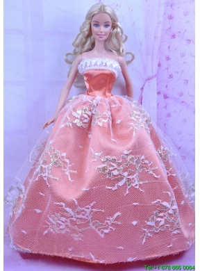 Luxurious Orange Dress With Appliques Made to Fit the Barbie Doll