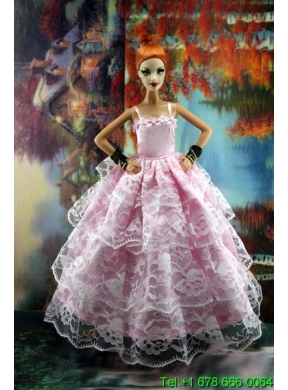 Luxurious Pink Gown With Ruffled Layers Lace For Barbie Doll