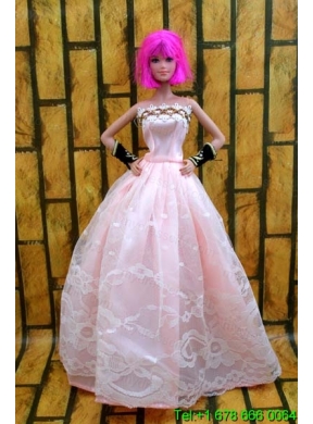 Baby Pink Gown For Barbie Doll With Lace and A Line