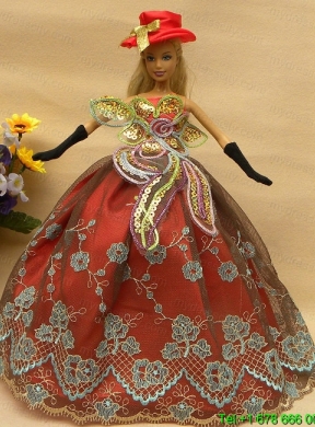 Pretty Appliques Rust Red Strapless Party Clothes Fashion Dress for Noble Barbie