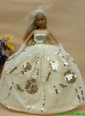 Roamntic Champagne Straps Ball Gown Appliques Wedding Dress For Barbie Doll
