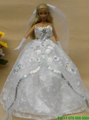 Romantic Appliques White Strapless Wedding Dress For Barbie Doll