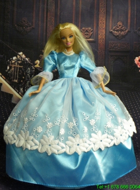 Sweet  Ball Gown Baby Blue and Lace Handmade Dresses Fashion Party Clothes Gown Skirt For Barbie Doll