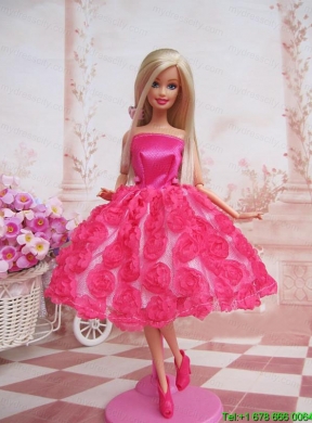 Sweet Ball Gown Hot Pink Hand Made Flowers With Tea-length Made to Fit the Barbie Dol