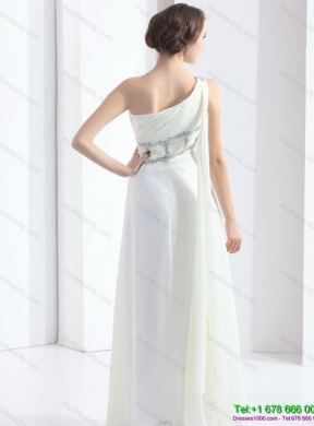 2015 New Style One Shoulder White Prom Dress with Watteau Train and Beading