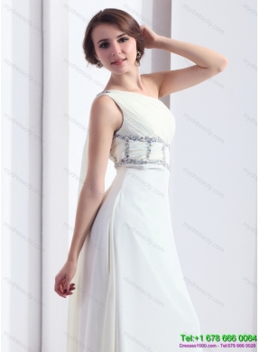 2015 New Style One Shoulder White Prom Dress with Watteau Train and Beading
