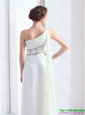 2015 New Style One Shoulder White Prom Dress with Watteau Train and Beading