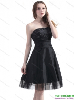 2015 Romantic Strapless Black Prom Dress with Ruching and Beading