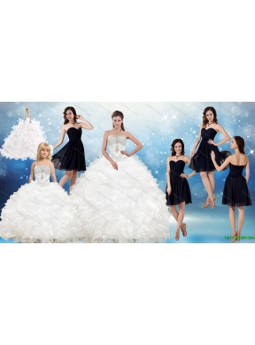 White Ball Gown Quinceanera Dress and Black Sweetheart Short Dama Dresses and Beading and Ruffles Little Girl Dress
