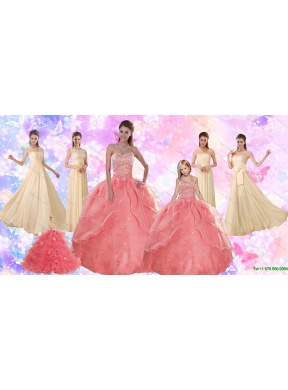 2015 Perfect Beading Sweetheart Quinceanera Dress and Ruching Long Prom Dresses and Watermelon Halter Top Little Girl Dress