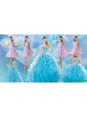 Baby Blue Ball Gown Ruffles Quinceanera Dress and Lilac Short Dama Dresses and Applique and Ruffles Little Girl Dress