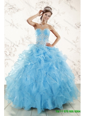 Baby Blue Ruffles Quinceanera Dress and Hand Made Flowers Baby Pink Dama Dresses and Straps Appliques Little Girl Dress