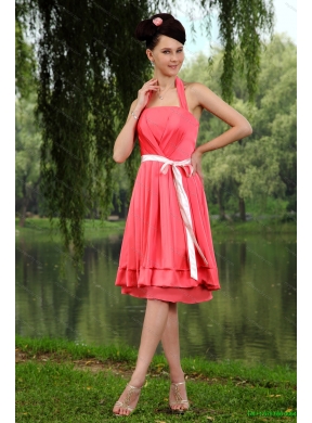 Pick Ups Floor Length Baby Blue Quinceanera Dress and Watermelon Halter Top Sash Dama Dresses and Pretty Ruffles Little Girl Dress