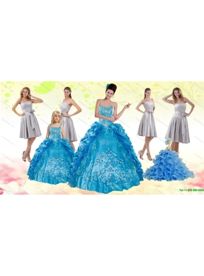 Teal Sweetheart Embroidery Quinceanera Dress and Strapless Short Dama Dresses and Spaghetti Straps Ruffles Flower Girl Dress