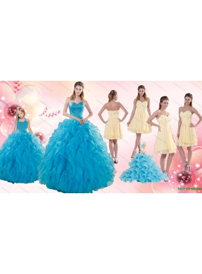 Teal Sweetheart Ruffles Quinceanera Gown and Sweetheart Short Dama Dresses and Teal Halter Top Flower Girl Dress