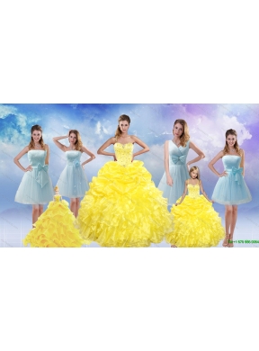 Yellow Sweetheart Rufflers Beading Quinceanera Dress and Bownot Short Prom Dresses and Yellow Spaghetti Straps Beading Pageant Dresses for Little Girl