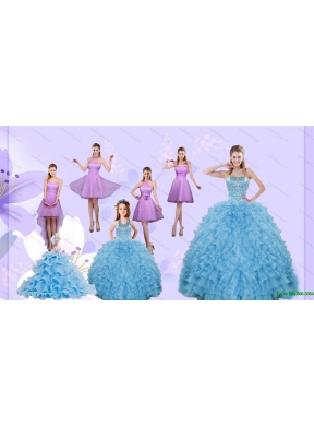 Beading Pretty Aqua Blue Quinceanera Gown and Lilac Short Dama Dresses and Halter Top Ruffles Pageant Dresses for Little Girl