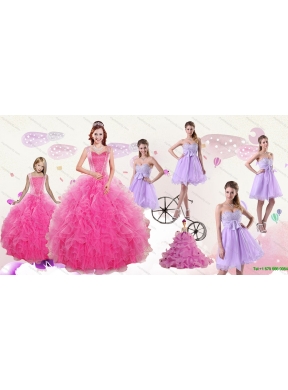 Popular Beading and Ruffles Quinceanera Dress and Bownot and Beading Short Dama Dresses and Pink Floor Length Little Girl Dress