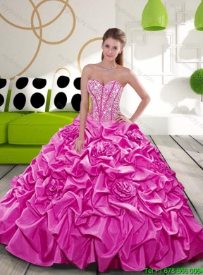 2015 Affordable Fuchsia Dress for Quince with Beading and Pick Ups
