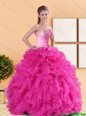 2015 Comfortable Beading and Ruffles Quinceanera Dresses in Hot Pink